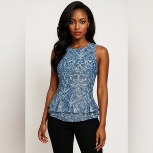 MICHAEL Michael KORS NWT Navy&Blue Damask Metallic Top Sleeveless Peplum Size M